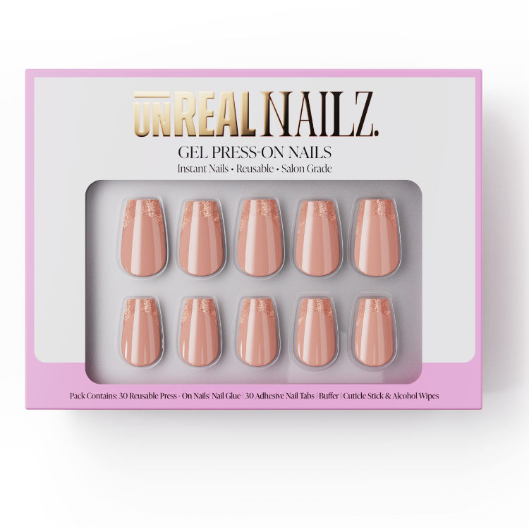 Reusable nude press on fingernails with golden tips in luxury box