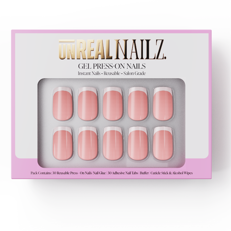 Boxed set of French tip fake nails in short square shape 