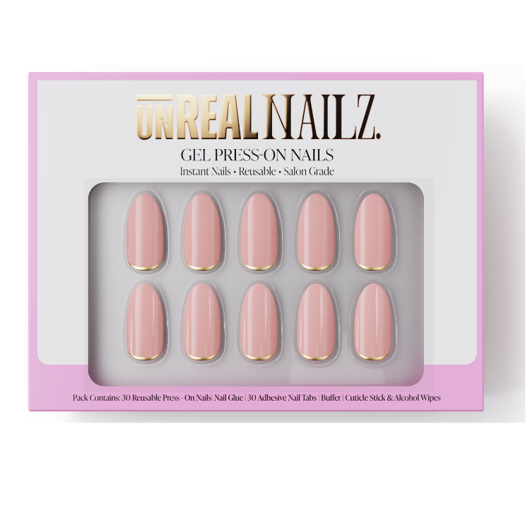 Box of gel press on nails in nude pink with almond tips and gold accents