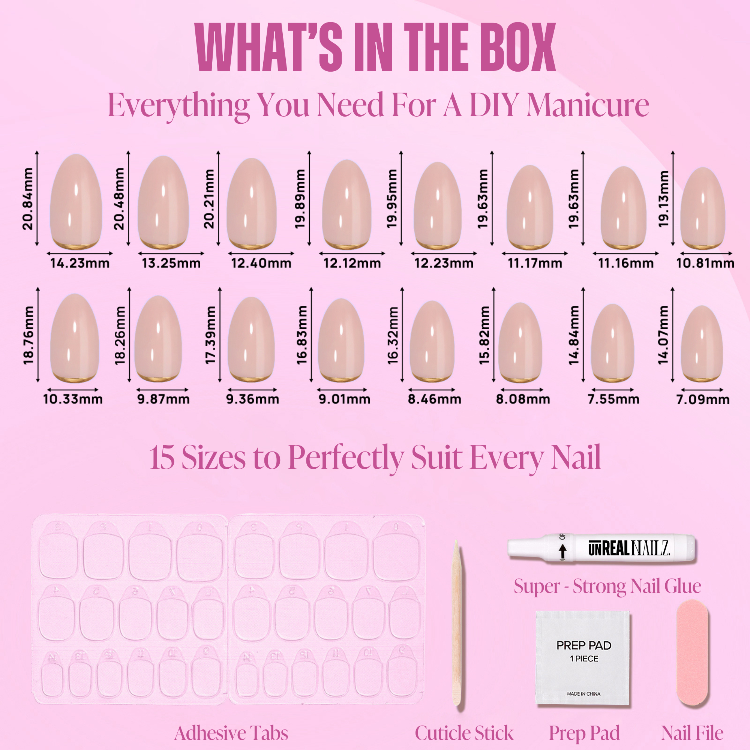 Everything included with our nude and gold gel press on nail kit