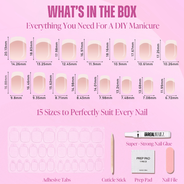 Contents of our French tip stick on nails kit with 24 sizes and nail glue, prep pad, nail file, cuticle stick and adhesive tabs