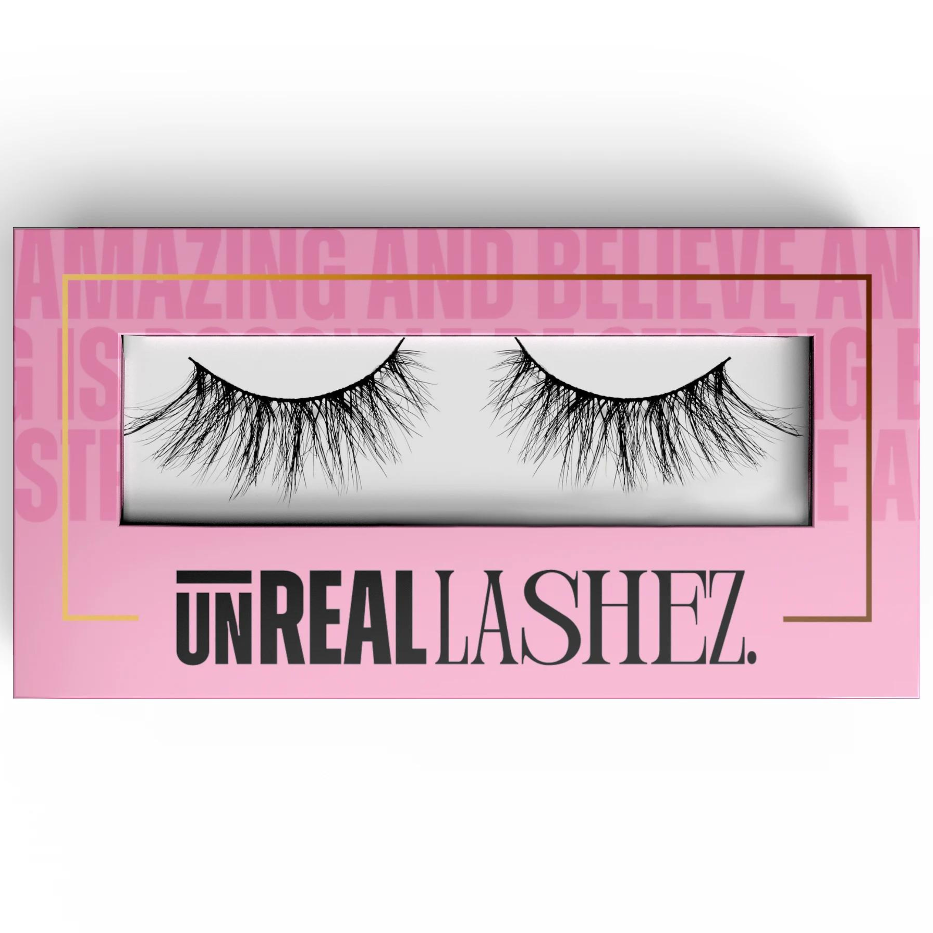 A pink lash box with a gold border, displaying the 'Unreal Lashez' logo. Inside the open window of the box, 'Bliss' style lashes are showcased.